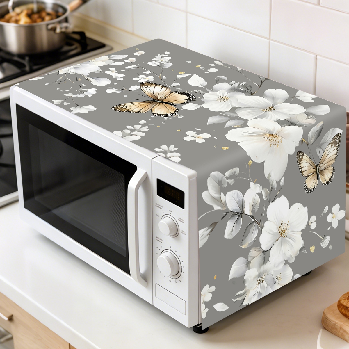 Kitchen Appliances White - Copertura Antipolvere per Microonde con Motivo